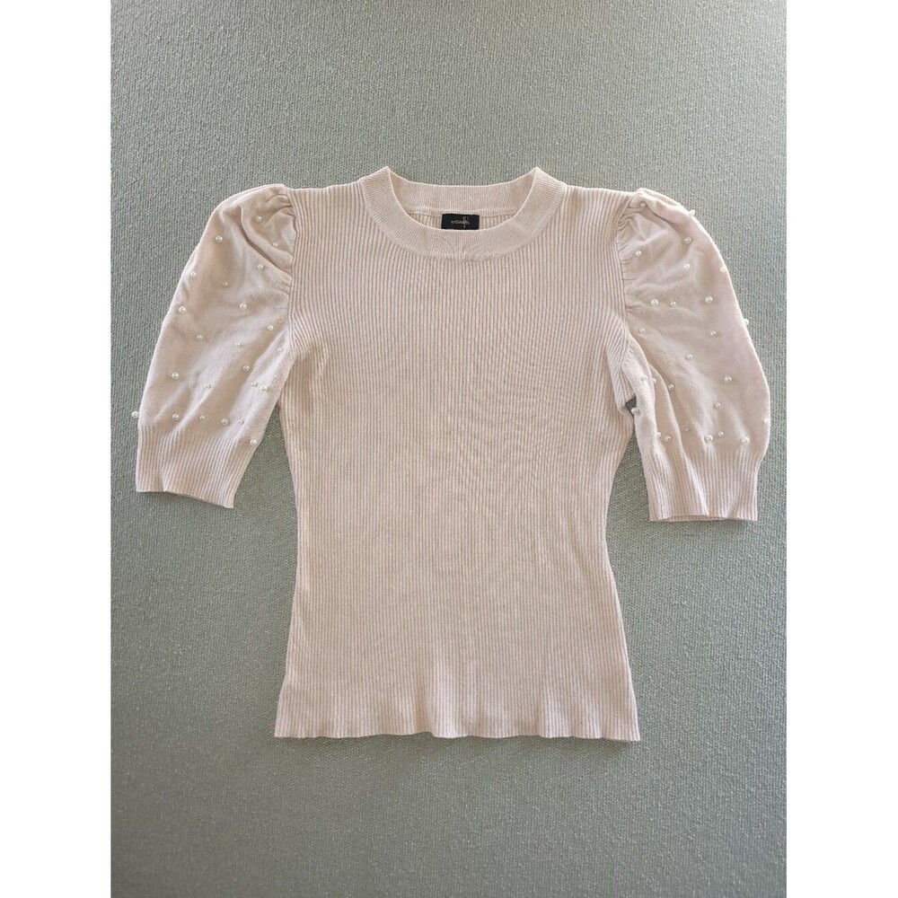 Ontwelfth Size Medium Pearl-Embellished Puff Sleeve Knit Top in Soft Pink